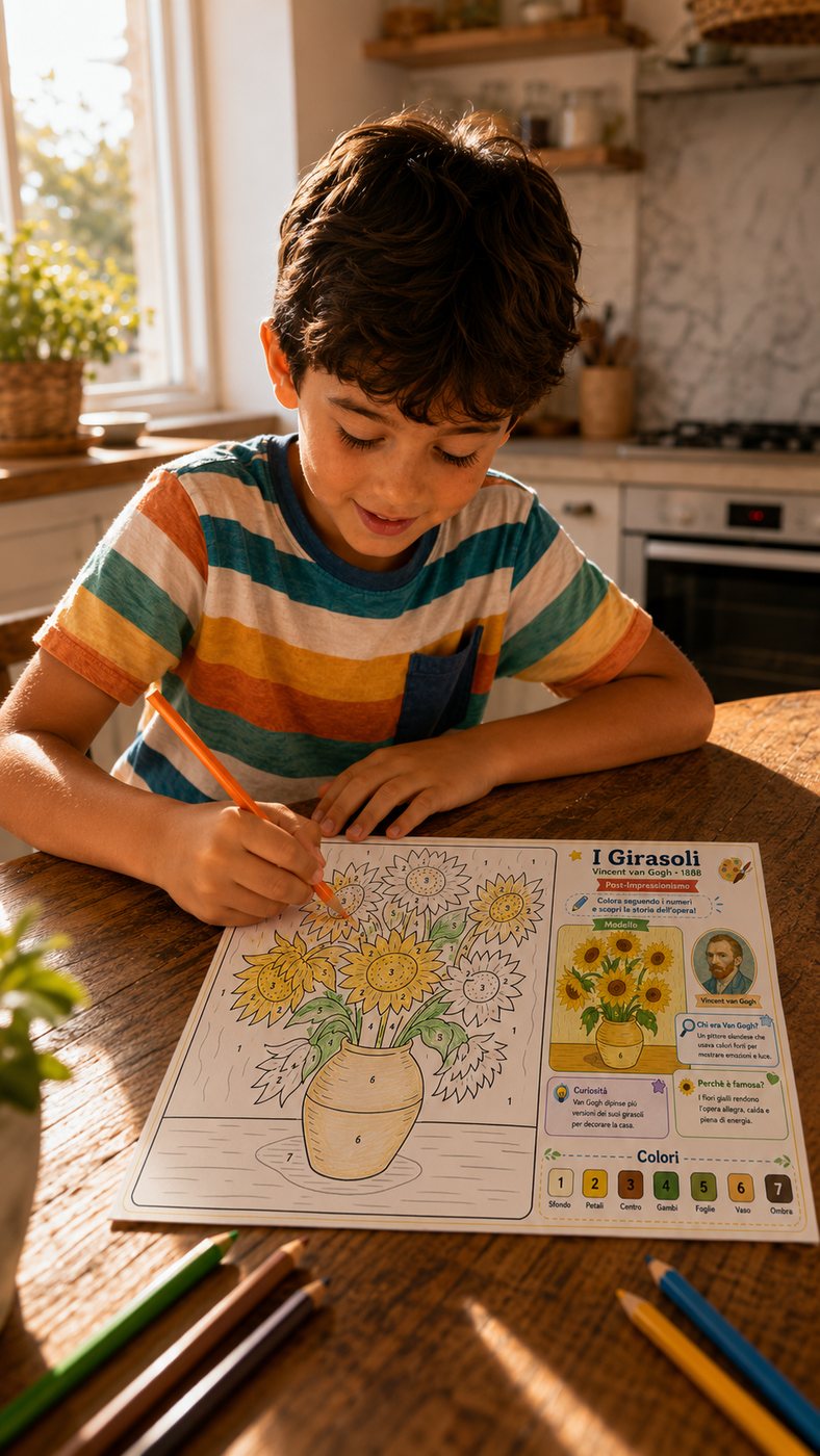 Bambino colora una scheda sui Girasoli di Van Gogh