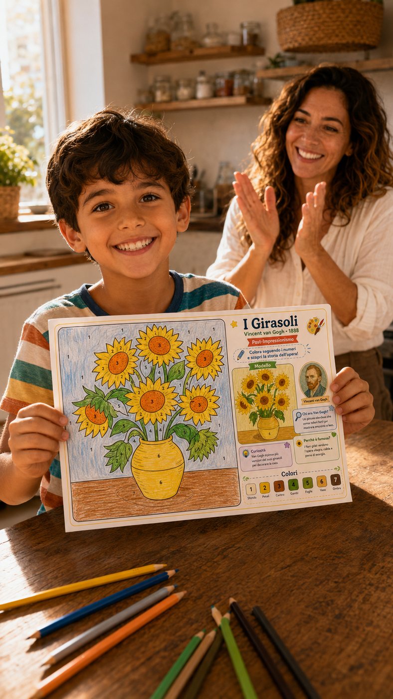 Bambino mostra una scheda completata ispirata ai Girasoli